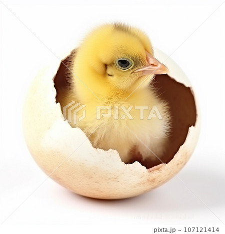 Small yellow fluffy chick hatching from an egg, close-up on a white background Small yellow fluffy chick hatching from an egg, close-up on a white background 107121414