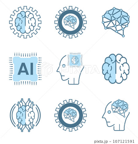 Technology icons vector for Brain AI concepts, and AI vector design for website, UX and UI styles, 9 icons of AI generation illustration symbol, on dark backgroun Technology icons vector for Brain AI concepts, and AI vector design for website, UX and UI styles, 9 icons of AI generation illustration symbol, on dark backgroun 107121591