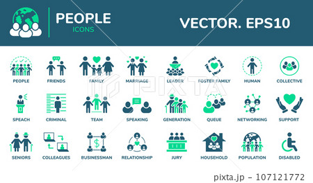 People icons. Persons group. Team members symbols collection. Family with children. Human audience. Crowd culture. Business communication. Earth population. Vector design signs set 107121772