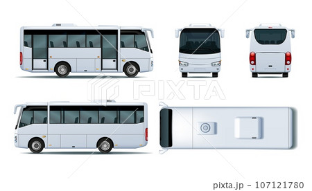 Mini bus mockup. Minibus different view, back side, top and front. 3D car mock up, public micro bus, door and windows, microbus track. Vehicle branding, corporate identity. Vector template 107121780