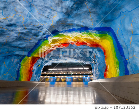 Stadium or Arena station, Stockholm, Sweden. A popular metro station in the Swedish capital.  107123352