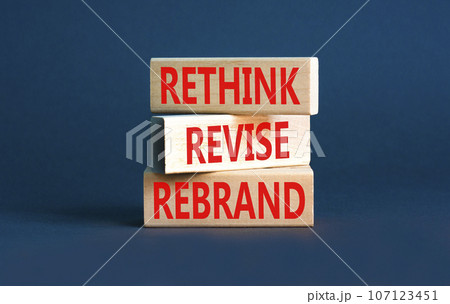Rethink revise rebrand symbol. Concept word Rethink Revise Rebrand on beautiful block. Beautiful grey table grey background. Business brand motivational rethink revise rebrand concept. Copy space. Rethink revise rebrand symbol. Concept word Rethink Revise Rebrand on beautiful block. Beautiful grey table grey background. Business brand motivational rethink revise rebrand concept. Copy space. 107123451