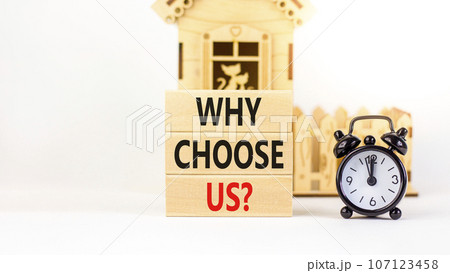 Why choose us symbol. Concept word Why choose us on beautiful wooden block. Black alarm clock. Beautiful white table white background. Business motivational why choose us concept. Copy space. Why choose us symbol. Concept word Why choose us on beautiful wooden block. Black alarm clock. Beautiful white table white background. Business motivational why choose us concept. Copy space. 107123458