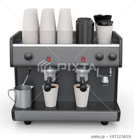 Professional espresso coffee machine with horn for paper cups isolated on white Professional espresso coffee machine with horn for paper cups isolated on white 107123619