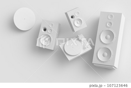 Set of Hi-fi speakers and DJ turntable for sound recording studio on monochrome Set of Hi-fi speakers and DJ turntable for sound recording studio on monochrome 107123646