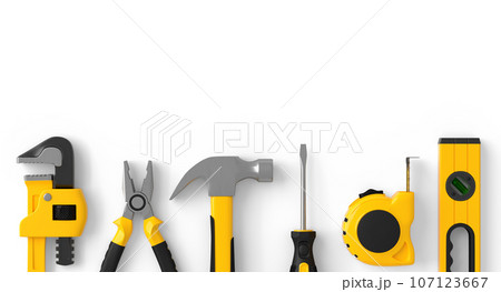 Flying view of yellow construction tools for repair on white background 107123667