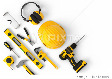 Flying view of yellow construction tools for repair on white background Flying view of yellow construction tools for repair on white background 107123669