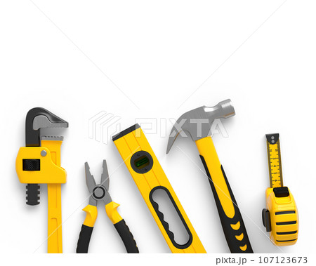 Flying view of yellow construction tools for repair on white background Flying view of yellow construction tools for repair on white background 107123673