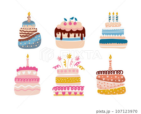 Cute Cartoon simple vector birthday cake cupcake vector set. Happy holiday cream cake 107123970