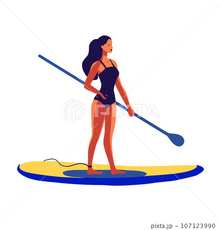 Young woman in a swimsuit swimming on a SUP board vector flat illustration Young woman in a swimsuit swimming on a SUP board vector flat illustration 107123990
