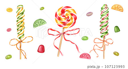 Candies, spiral lollipops, sugar caramel on stick with bows, jelly. Round and oblong bonbons with striped swirls, multicolored ribbons, bows for decoration. Watercolor illustration Candies, spiral lollipops, sugar caramel on stick with bows, jelly. Round and oblong bonbons with striped swirls, multicolored ribbons, bows for decoration. Watercolor illustration 107123993