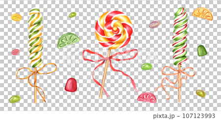 Candies, spiral lollipops, sugar caramel on stick with bows, jelly. Round and oblong bonbons with striped swirls, multicolored ribbons, bows for decoration. Watercolor illustration Candies, spiral lollipops, sugar caramel on stick with bows, jelly. Round and oblong bonbons with striped swirls, multicolored ribbons, bows for decoration. Watercolor illustration 107123993