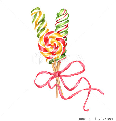 Bouquet of candies, spiral lollipops on stick with bows. Round and oblong bonbons with striped swirls, sugar caramel, red ribbons for decoration. Watercolor illustration for label, package Bouquet of candies, spiral lollipops on stick with bows. Round and oblong bonbons with striped swirls, sugar caramel, red ribbons for decoration. Watercolor illustration for label, package 107123994