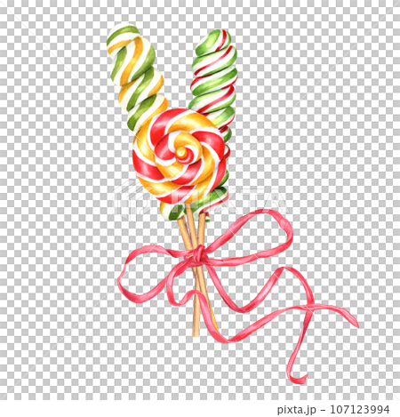 Bouquet of candies, spiral lollipops on stick with bows. Round and oblong bonbons with striped swirls, sugar caramel, red ribbons for decoration. Watercolor illustration for label, package Bouquet of candies, spiral lollipops on stick with bows. Round and oblong bonbons with striped swirls, sugar caramel, red ribbons for decoration. Watercolor illustration for label, package 107123994