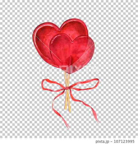 Transparent red caramel in the shape of heart decorated with red ribbon. Bouquet of candies, bonbons, lollipop, sugar caramels on stick. Watercolor illustration for greetings, postcard, invitation Transparent red caramel in the shape of heart decorated with red ribbon. Bouquet of candies, bonbons, lollipop, sugar caramels on stick. Watercolor illustration for greetings, postcard, invitation 107123995