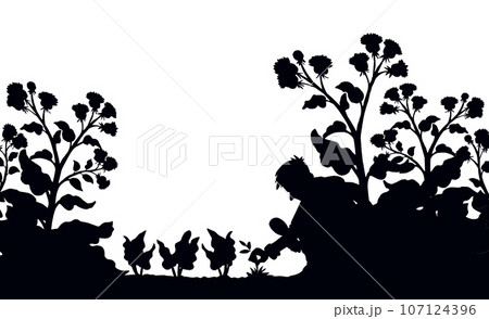 A man with a magnifier is looking for weeds. Vector drawing 107124396