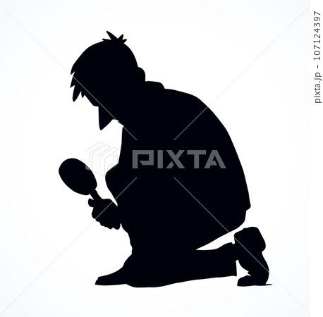 A man with a magnifier is looking for weeds. Vector drawing A man with a magnifier is looking for weeds. Vector drawing 107124397