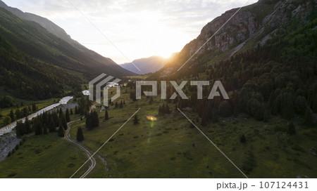 Beautiful sunset with a view of the green gorge 107124431
