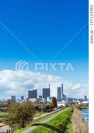 「埼玉県」見沼田んぼから見る、爽やかな秋空とさいたま新都心 107124962