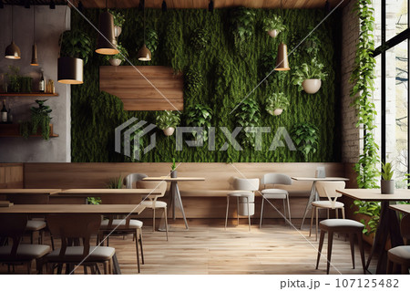 Modern empty coffee shop, trendy interior with wood and greenery 107125482