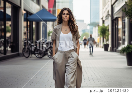 Young woman walking in city. Street portrait, lifestyle 107125489