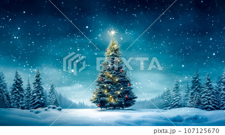 glowing decorated Christmas tree in night snowy forest, white snowflakes falling from the sky glowing decorated Christmas tree in night snowy forest, white snowflakes falling from the sky 107125670