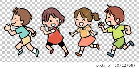Illustration of four children running in short sleeves Illustration of four children running in short sleeves 107127097