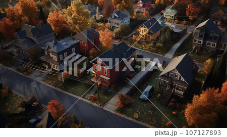 Top view of houses and streets in the fall with yellow trees. High quality photo 107127893