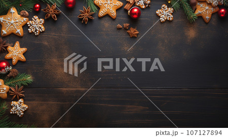 New Year's background with decorations and free space for text. High quality photo 107127894