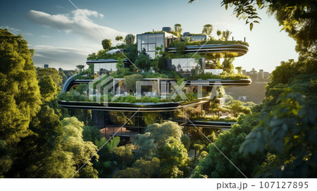 Eco-Friendly Glass Office. Building with Trees and Green Environment. High quality photo 107127895