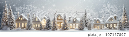 Christmas decorations on the window sill, houses and trees in snow and houses with garlands. High quality photo 107127897