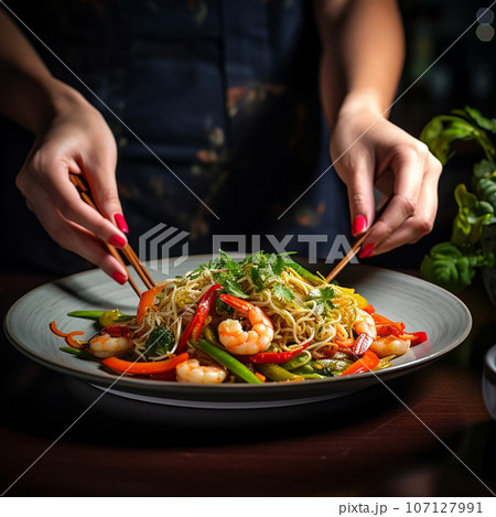 Premium pad thai cuisine on a plate. High quality photo Premium pad thai cuisine on a plate. High quality photo 107127991
