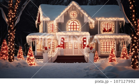 Decorated house with garlands and lights for Christmas in the snow. High quality photo Decorated house with garlands and lights for Christmas in the snow. High quality photo 107127992