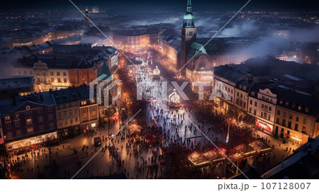European city from above, New Year's Eve party and fairgrounds. High quality photo European city from above, New Year's Eve party and fairgrounds. High quality photo 107128007
