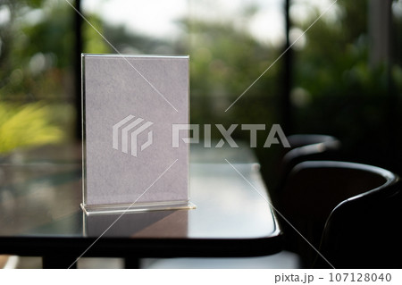 Stand Mock up Menu frame tent card blurred background design key visual layout. 107128040