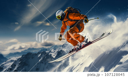 snowboarder running down the mountain slope. High quality photo 107128045