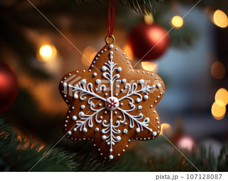 gingerbread hanging on the Christmas tree, space for the text. High quality photo gingerbread hanging on the Christmas tree, space for the text. High quality photo 107128087