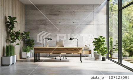 Modern office with concrete walls, wood and greenery. High quality photo 107128095