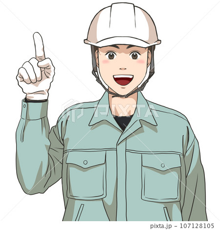人差し指を立てた作業服の男性 (ヘルメット・手袋装着) 人差し指を立てた作業服の男性 (ヘルメット・手袋装着) 107128105