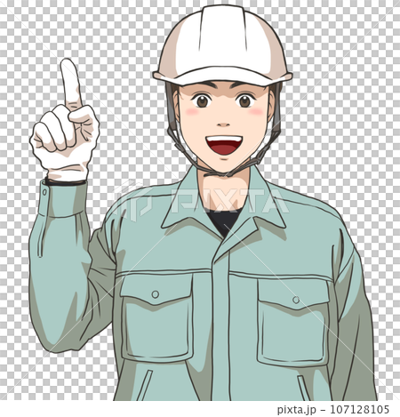 人差し指を立てた作業服の男性 (ヘルメット・手袋装着) 人差し指を立てた作業服の男性 (ヘルメット・手袋装着) 107128105
