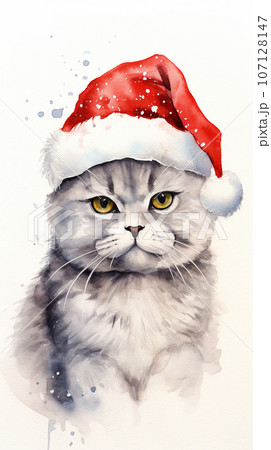 serious british cat in santa claus hat, watercolour drawing. High quality photo 107128147