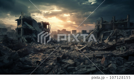 destroyed buildings after earthquake and fire, consequences of natural disaster. High quality photo 107128155