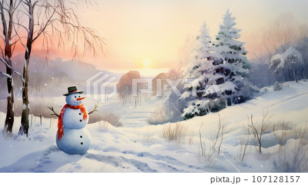 watercolor New Year's drawing with a snowman at the edge of the forest. High quality photo watercolor New Year's drawing with a snowman at the edge of the forest. High quality photo 107128157