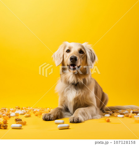 healthy dog with vitamins and medicines on yellow background. High quality photo healthy dog with vitamins and medicines on yellow background. High quality photo 107128158