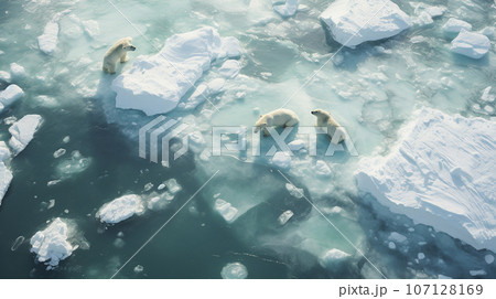 Polar bears walk on melting Arctic sea ice. Warming temperatures are gradually melting glaciers as the climate warms globally. High quality photo Polar bears walk on melting Arctic sea ice. Warming temperatures are gradually melting glaciers as the climate warms globally. High quality photo 107128169
