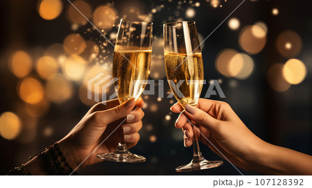 Couple holding glasses of champagne, New Year's toast and feast. High quality photo 107128392