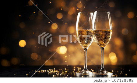 glasses of champagne on a dark background with New Year's lights. High quality photo glasses of champagne on a dark background with New Year's lights. High quality photo 107128398
