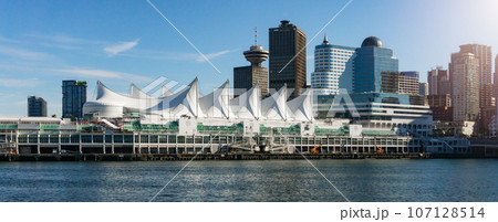 Canada Place and Vancouver Lookout in Downtown Vancouver, British Columbia, Canada. Cityscape Panorama Background 107128514