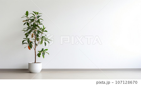 Green indoor plant in a white cylindrical pot against a white wall background. High quality photo Green indoor plant in a white cylindrical pot against a white wall background. High quality photo 107128670