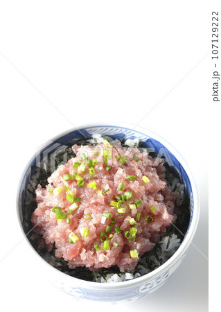 小葱が沢山乗っているマグロのたたき丼を白背景で俯瞰撮影 小葱が沢山乗っているマグロのたたき丼を白背景で俯瞰撮影 107129222